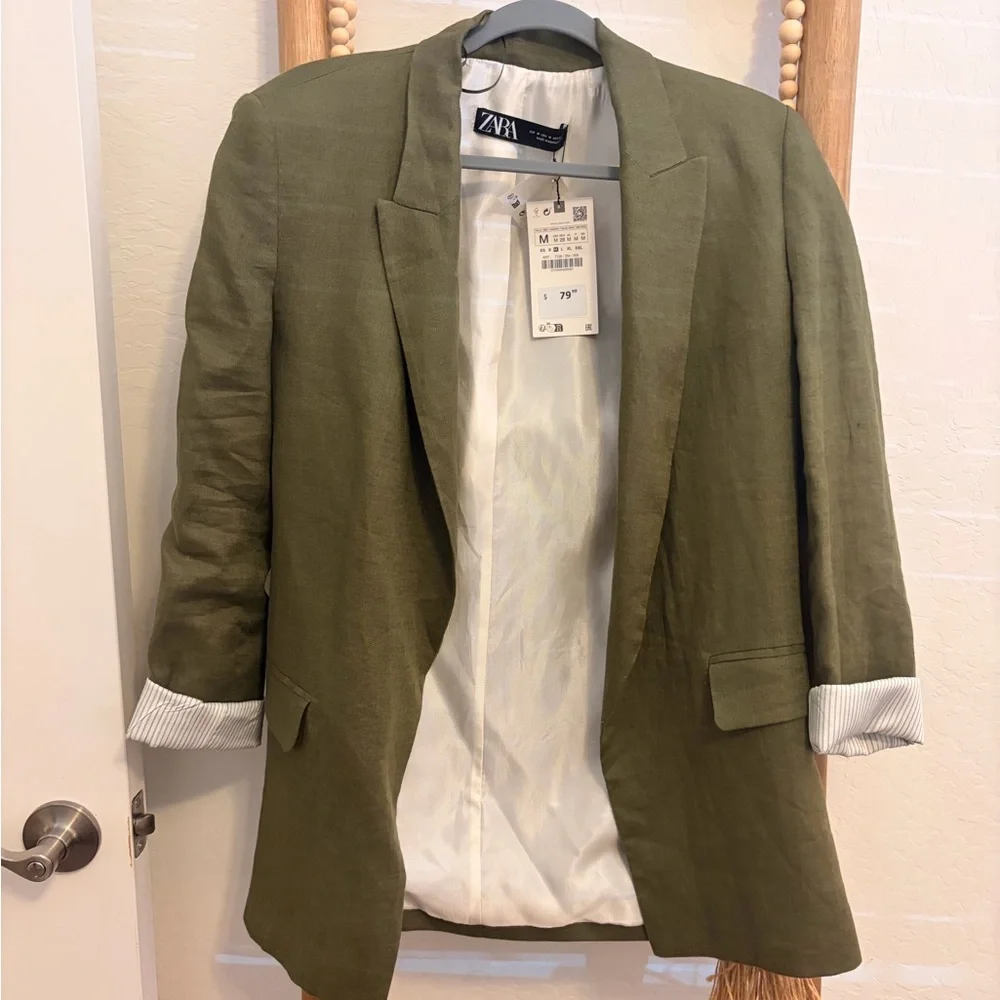 Zara Olive Green Linen-Blend Women's Blazer - Picture 1 of 4